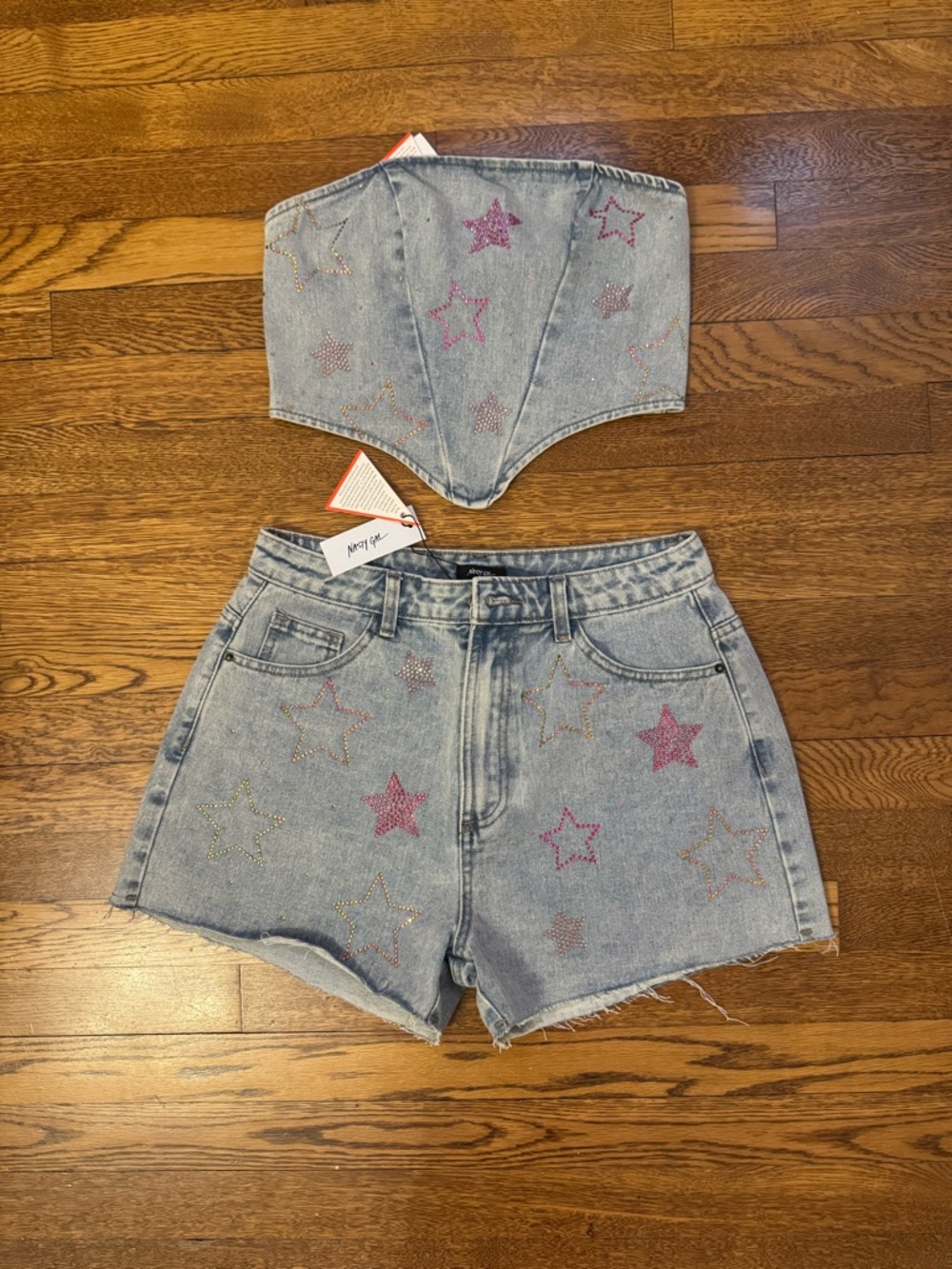 Nasty Gal Light Blue Denim Star Embellished Jean Shorts Set